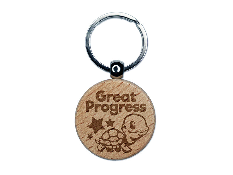 Great Progress Turtle Tortoise and Stars Teacher Student Engraved Wood Round Keychain Tag Charm