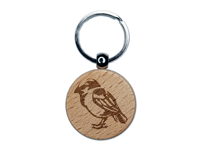 House Sparrow Little Bird Standing Engraved Wood Round Keychain Tag Charm