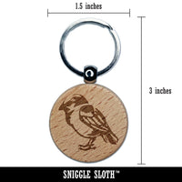 House Sparrow Little Bird Standing Engraved Wood Round Keychain Tag Charm