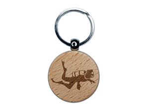 Scuba Diver Diving Swimming in the Ocean Underwater Engraved Wood Round Keychain Tag Charm