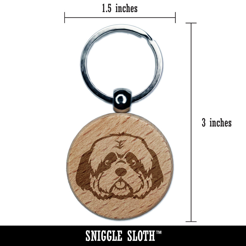 Shaggy Shih Tzu Dog Head Engraved Wood Round Keychain Tag Charm