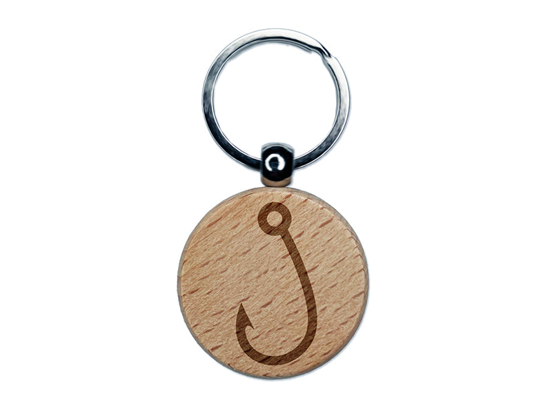 Single Barbed Fishing Hook Angler Fisherman Engraved Wood Round Keychain Tag Charm