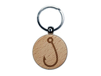 Single Barbed Fishing Hook Angler Fisherman Engraved Wood Round Keychain Tag Charm