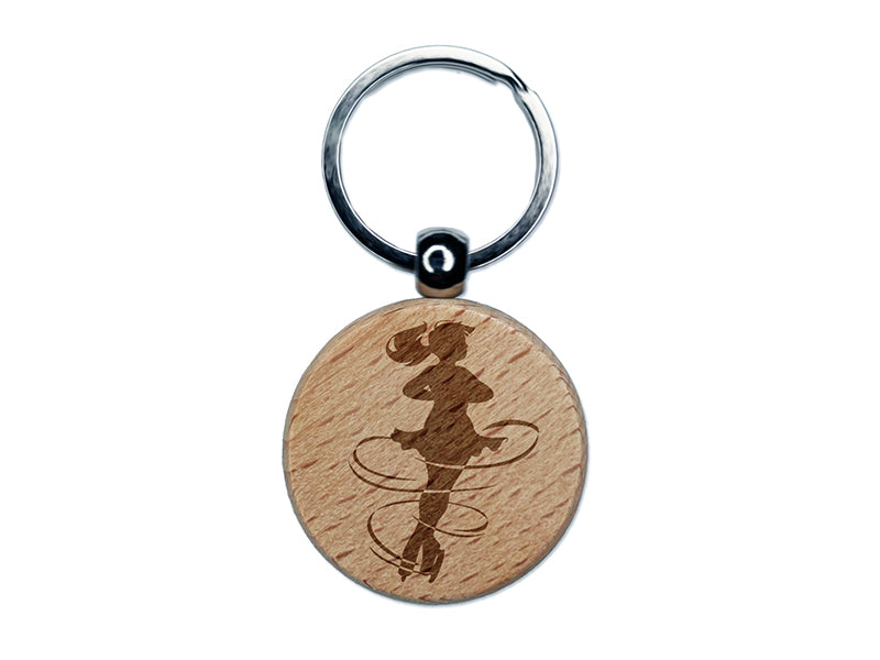 Spinning Jump Ice Figure Skating Skater Woman Engraved Wood Round Keychain Tag Charm