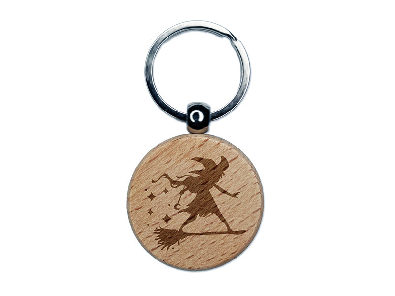 Young Witch Surfing on Broomstick Halloween Engraved Wood Round Keychain Tag Charm