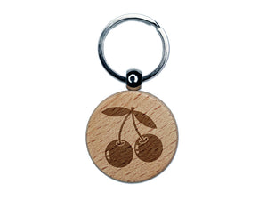 Pair of Cherries on Stem Cherry Fruit Engraved Wood Round Keychain Tag Charm