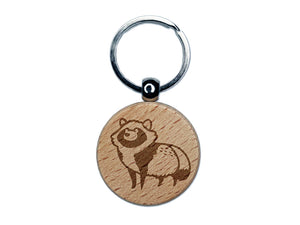 Alert Tanuki Japanese Raccoon Dog Engraved Wood Round Keychain Tag Charm