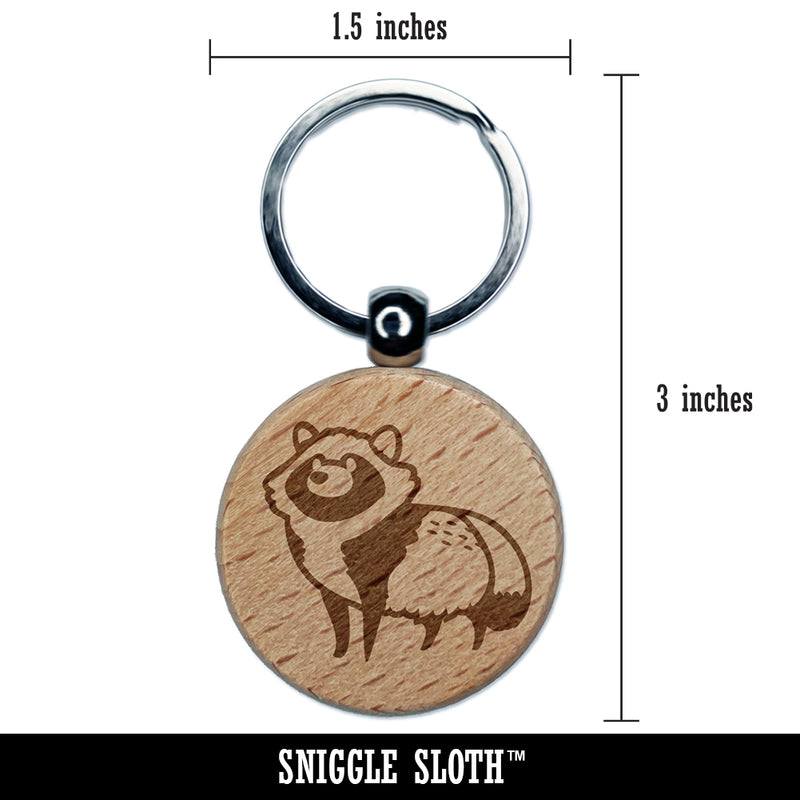 Alert Tanuki Japanese Raccoon Dog Engraved Wood Round Keychain Tag Charm