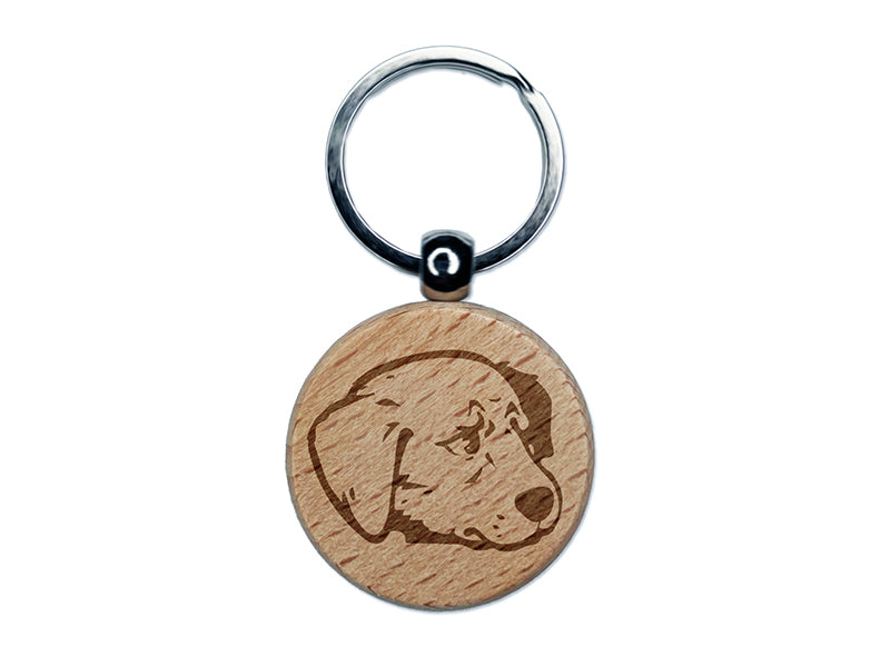 Concerned Golden Retriever Dog Furled Brow Engraved Wood Round Keychain Tag Charm
