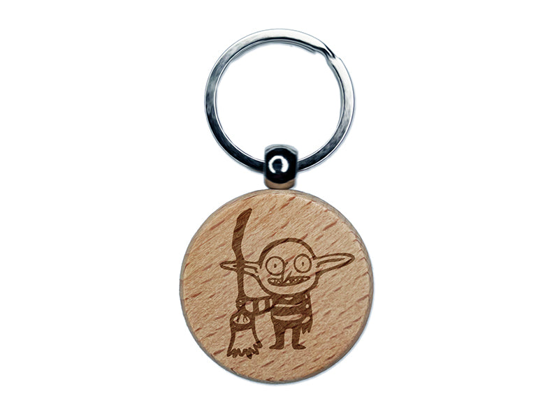 Creepy Goblin With Witch Broomstick Engraved Wood Round Keychain Tag Charm