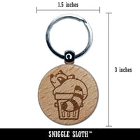 Fat Raccoon Sitting in Trash Can Engraved Wood Round Keychain Tag Charm