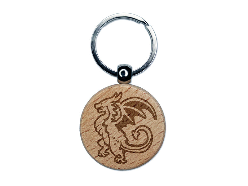 Fierce Wyvern Dragon Fantasy Silhouette Engraved Wood Round Keychain Tag Charm
