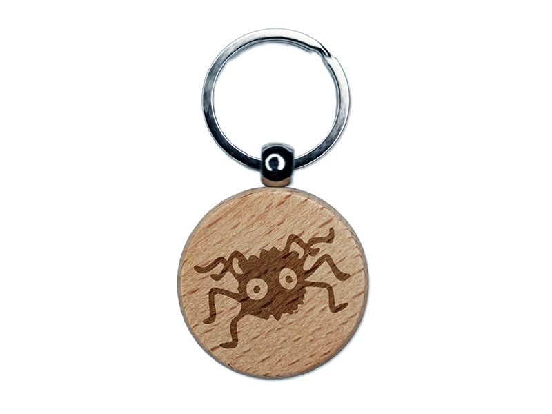 Fuzzy Cartoon Bug Spider Engraved Wood Round Keychain Tag Charm