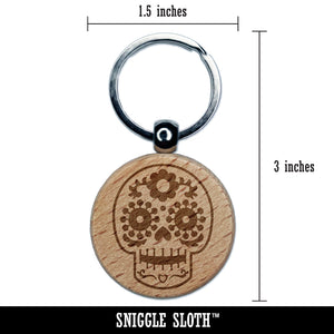 Happy Floral Sugar Skull Dia De Los Muertos Engraved Wood Round Keychain Tag Charm
