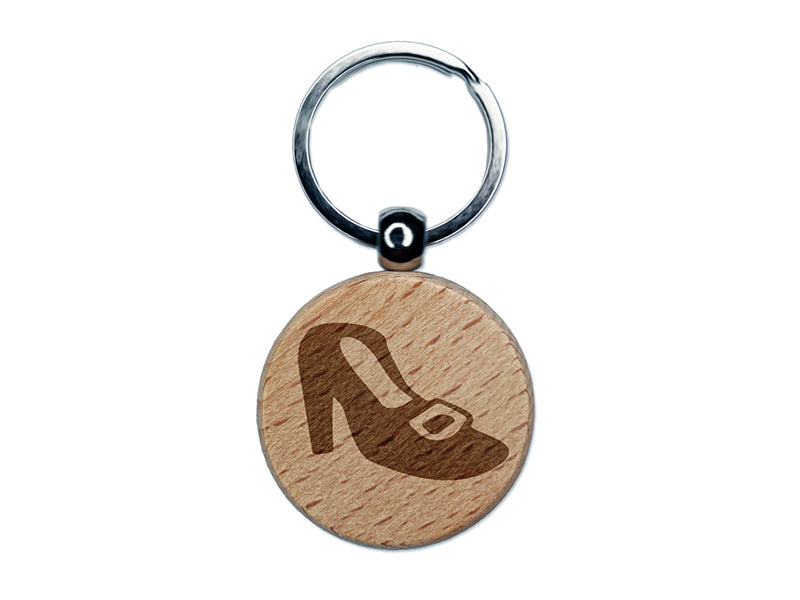 High Heeled Shoe with Buckle Engraved Wood Round Keychain Tag Charm