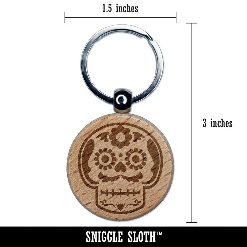 Mustache Floral Sugar Skull Dia De Los Muertos Engraved Wood Round Keychain Tag Charm