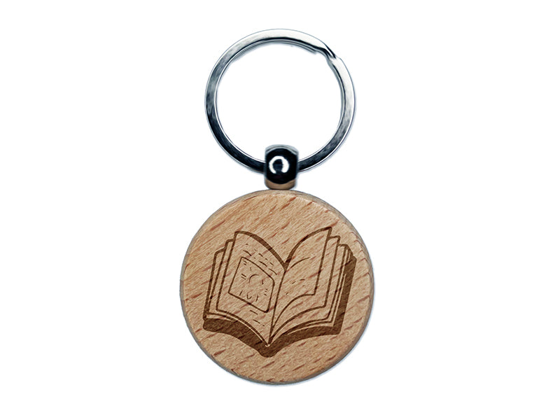 Open Book Engraved Wood Round Keychain Tag Charm