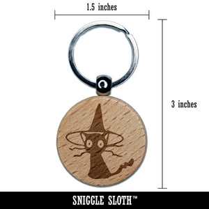 Spooked Cat in Witch Hat Halloween Engraved Wood Round Keychain Tag Charm