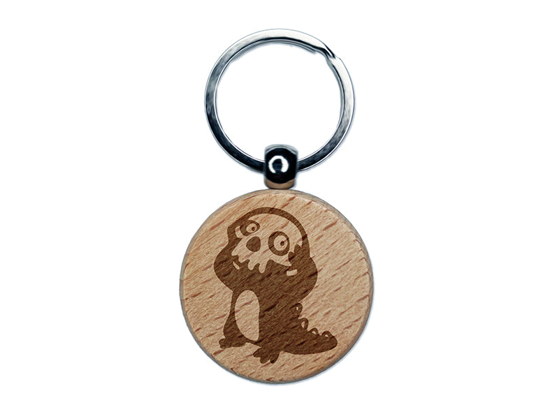 Spooky Creature Wearing Skull Engraved Wood Round Keychain Tag Charm