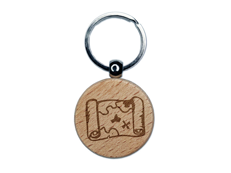 Treasure Map Scroll Pirate X Marks the Spot Engraved Wood Round Keychain Tag Charm