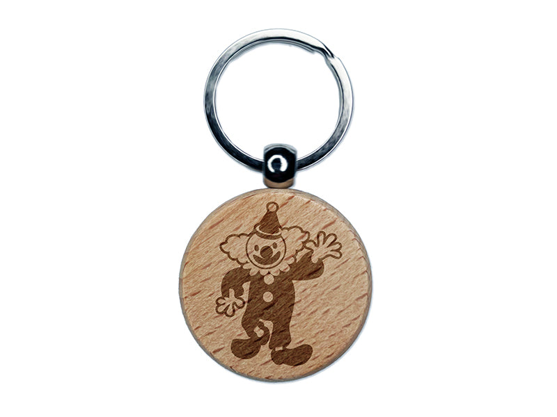 Waving Clown Circus Carnival Engraved Wood Round Keychain Tag Charm