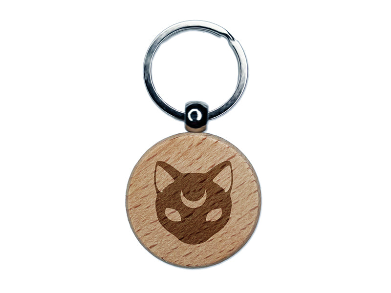 Witch Cat Head with Moon on Forehead Engraved Wood Round Keychain Tag Charm