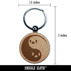 Yin Yang Ghosts Spooky and Cute Engraved Wood Round Keychain Tag Charm