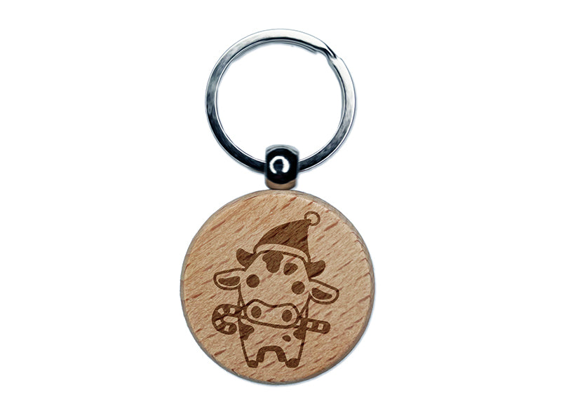Christmas Cow Holding Candy Cane Engraved Wood Round Keychain Tag Charm