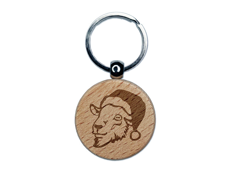 Goat Head with Santa Hat Christmas Engraved Wood Round Keychain Tag Charm