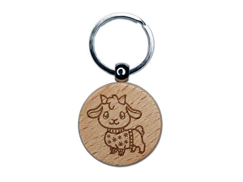 Little Goat in Christmas Sweater Engraved Wood Round Keychain Tag Charm