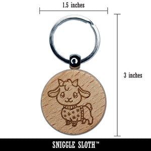 Little Goat in Christmas Sweater Engraved Wood Round Keychain Tag Charm