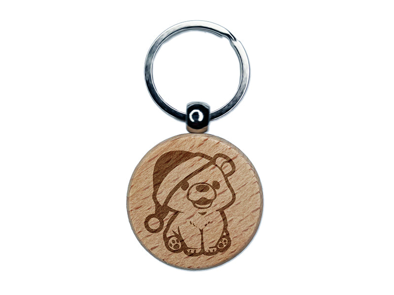 Christmas Bear Cub Santa Hat Engraved Wood Round Keychain Tag Charm