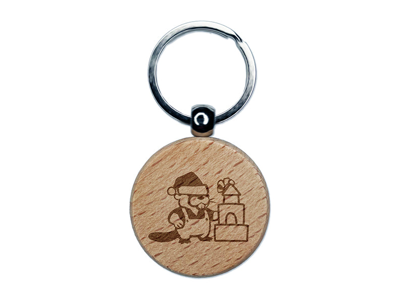 Christmas Santa Beaver Engraved Wood Round Keychain Tag Charm