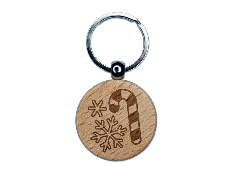 Holiday Christmas Candy Cane Snowflakes Engraved Wood Round Keychain Tag Charm