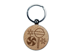 Holiday Christmas Peppermint Lollipop Candy Engraved Wood Round Keychain Tag Charm