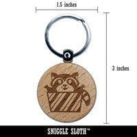Raccoon Jumping Out Present Christmas Holiday Engraved Wood Round Keychain Tag Charm