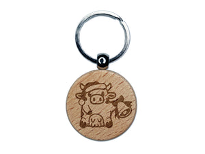 Christmas Cow Santa Hat Bell Engraved Wood Round Keychain Tag Charm