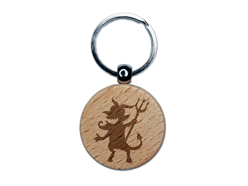 Mischievous Devil Demon Pitchfork Monster Halloween Engraved Wood Round Keychain Tag Charm
