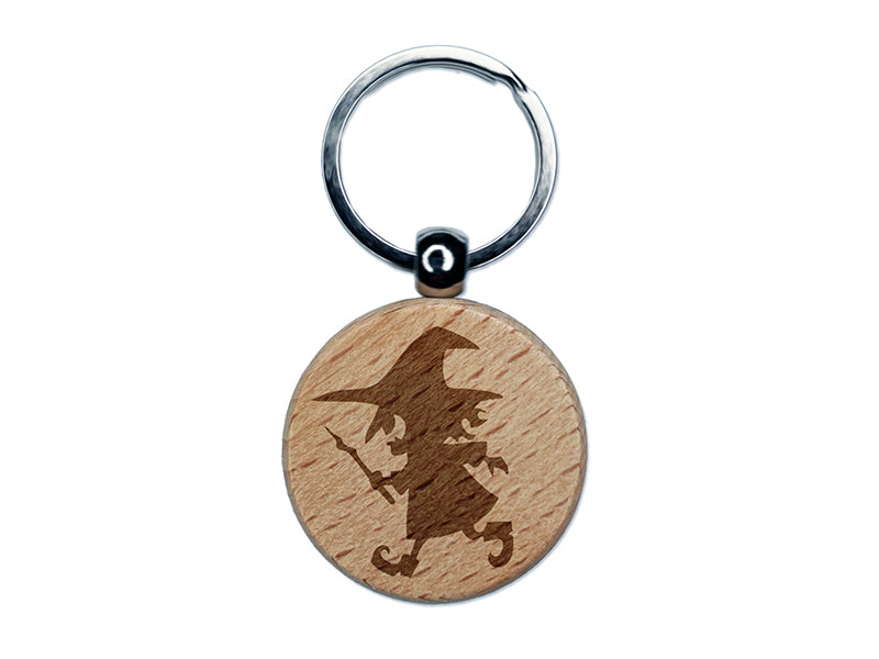 Mischievous Little Witch Wand Halloween Engraved Wood Round Keychain Tag Charm