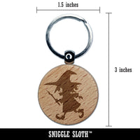 Mischievous Little Witch Wand Halloween Engraved Wood Round Keychain Tag Charm