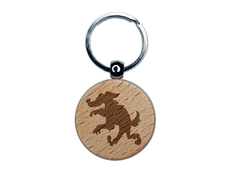Scruffy Werewolf Dog Wolf Man Monster Halloween Engraved Wood Round Keychain Tag Charm