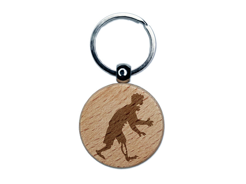 Shambling Zombie Monster Halloween Engraved Wood Round Keychain Tag Charm