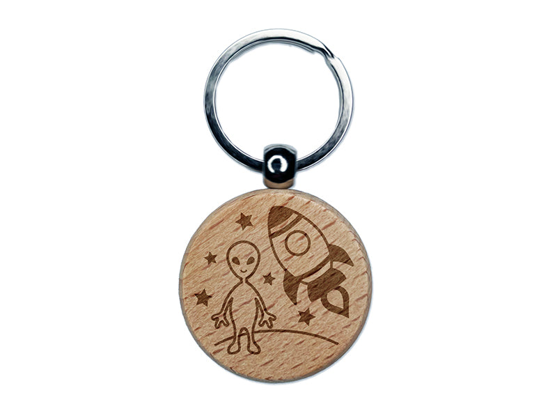 Alien and Rocket Space Engraved Wood Round Keychain Tag Charm