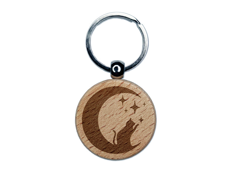 Cat in Moon Playing with Stars Engraved Wood Round Keychain Tag Charm