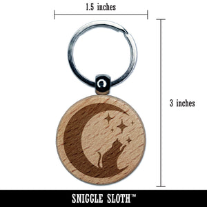 Cat in Moon Playing with Stars Engraved Wood Round Keychain Tag Charm