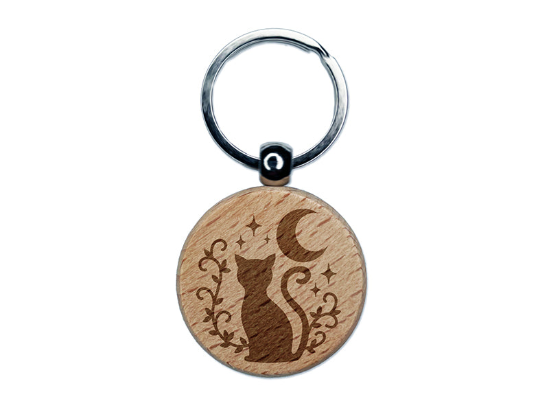 Cat Moon Stars Engraved Wood Round Keychain Tag Charm