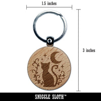 Cat Moon Stars Engraved Wood Round Keychain Tag Charm