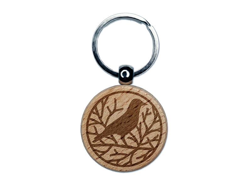 Crow Raven Branches Engraved Wood Round Keychain Tag Charm