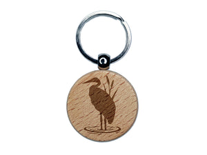 Heron Bird Silhouette Engraved Wood Round Keychain Tag Charm