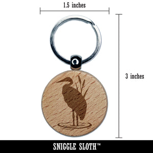 Heron Bird Silhouette Engraved Wood Round Keychain Tag Charm